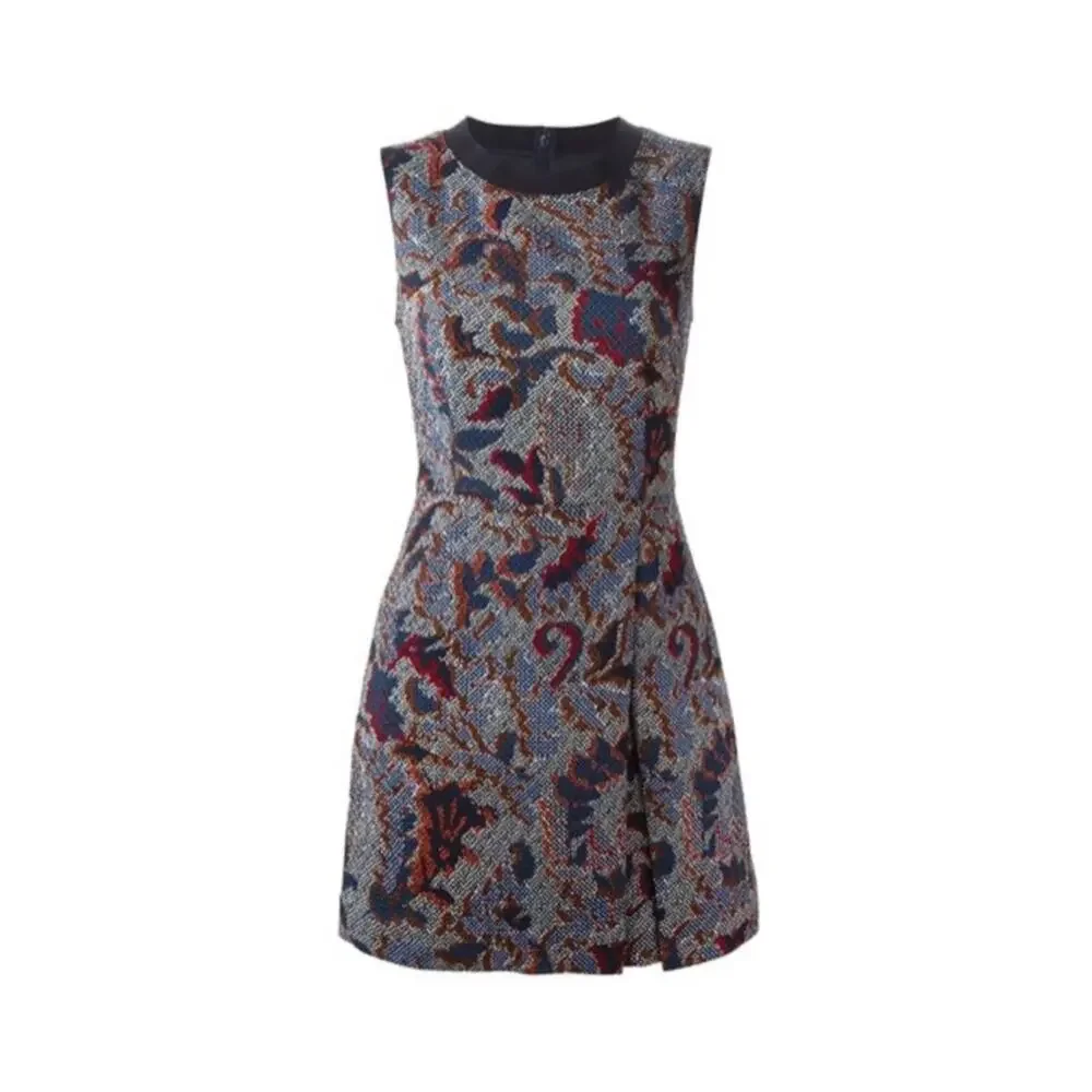 Tory Burch‎ Navy Blue Dalia Pixilated Print Brocade Cut Out Pencil Dress 14 NEW